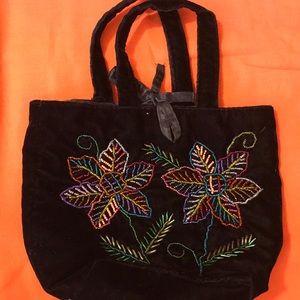 Handmade black velvet handbag embroidery floral
